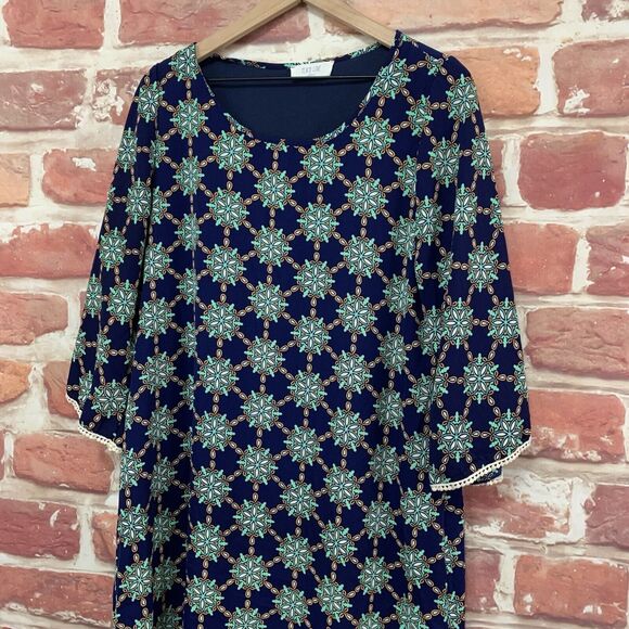 Peach Love Dress Women's Blue Multicolor Boho Abstract Wide Sleeve Popover - Picture 2 of 9